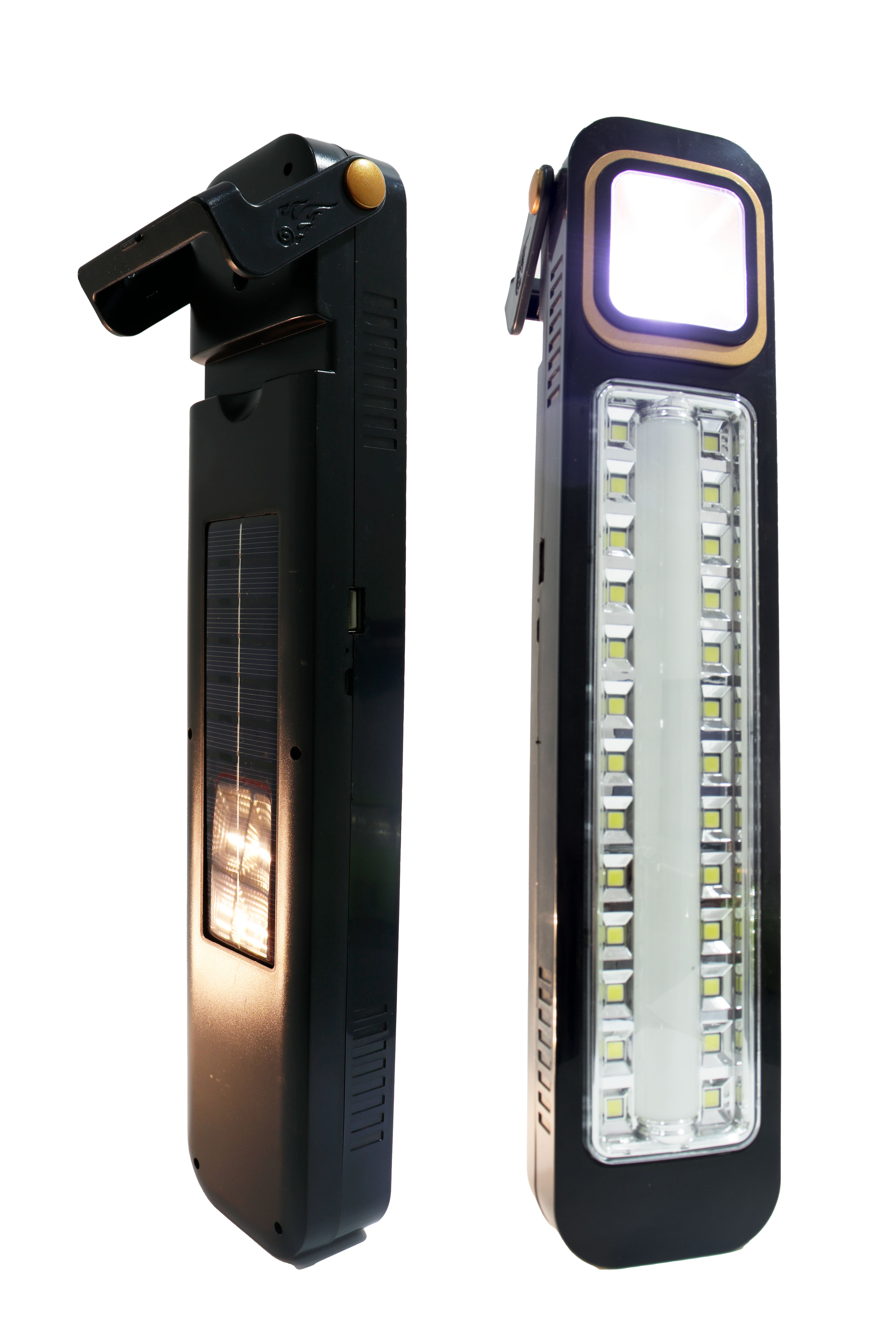Lámpara LED de Emergencia Solar Recargable 2 en 1 con Foco y Panel Lateral COB - Portátil para Hogar y Camping