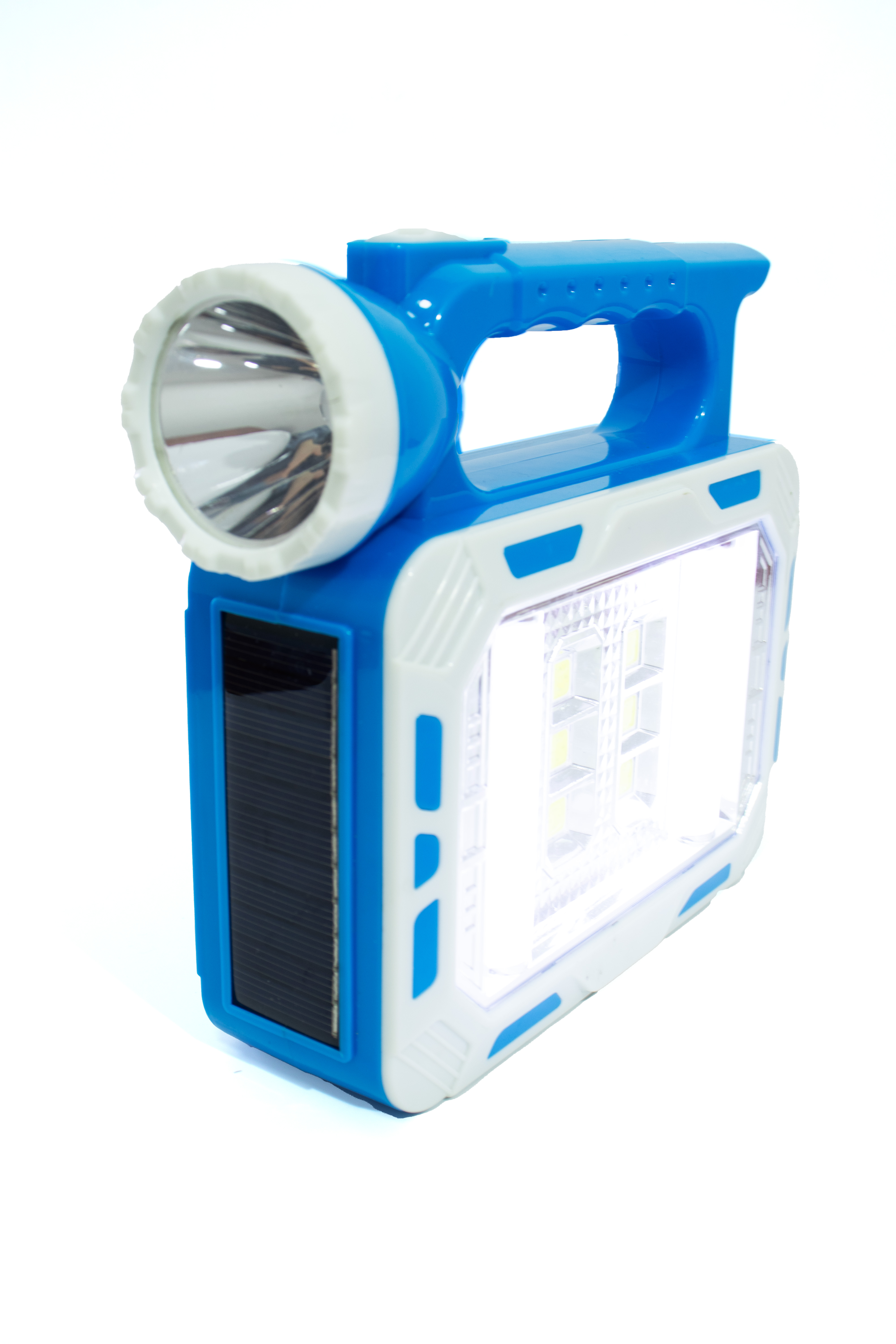 Linterna LED Recargable Multifuncional con Foco, Luz Lateral COB y Panel Solar - Ideal para Camping y Emergencias