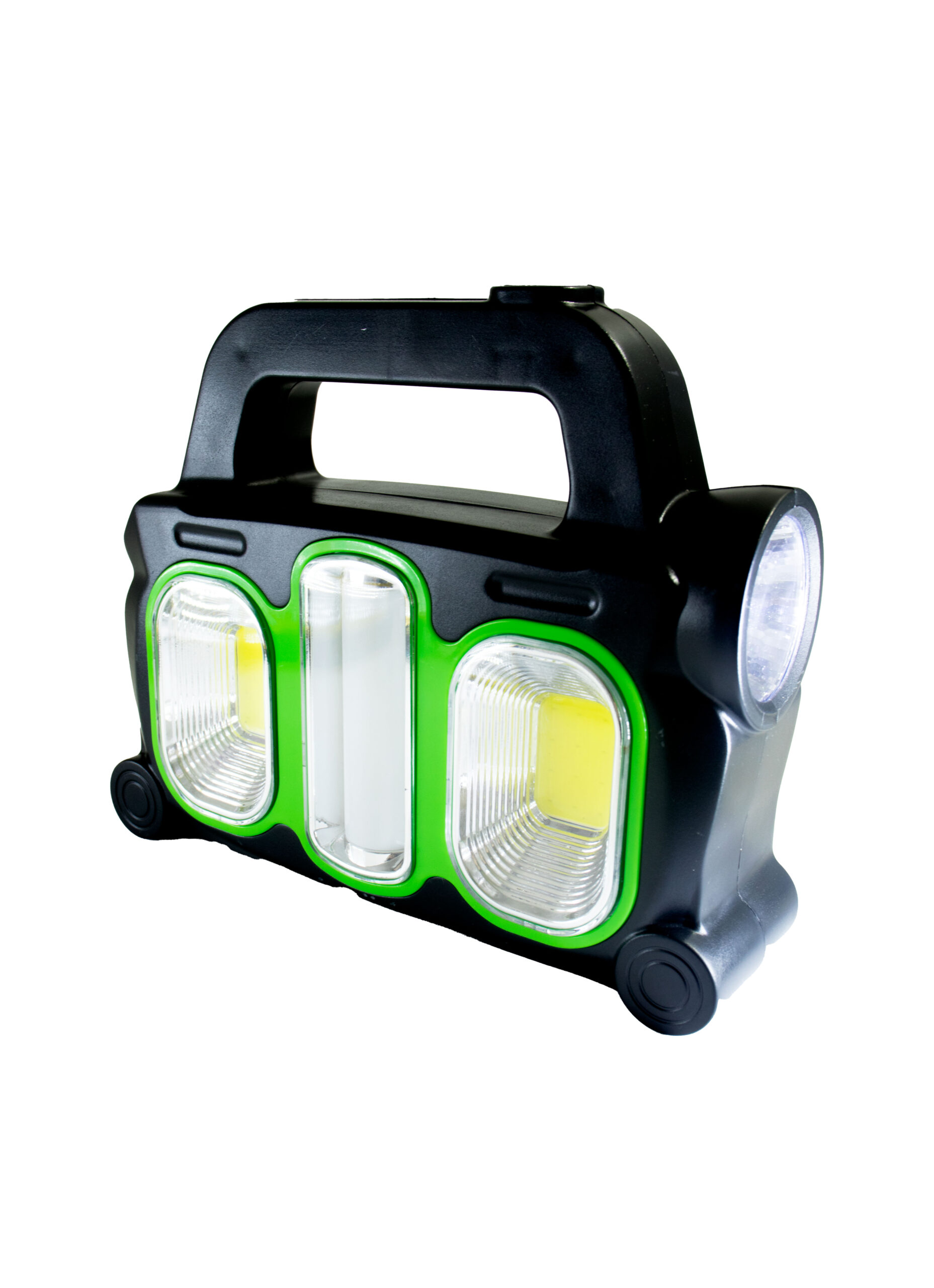 Linterna LED de Trabajo Solar Recargable Multifuncional con Foco y Luces Laterales COB - Negro y Verde para Camping y Emergencias