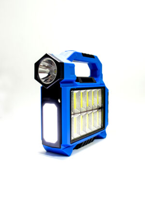 Linterna LED Recargable Multifuncional con Foco, Luz Lateral COB y Panel Solar - Azul Brillante para Camping y Emergencias