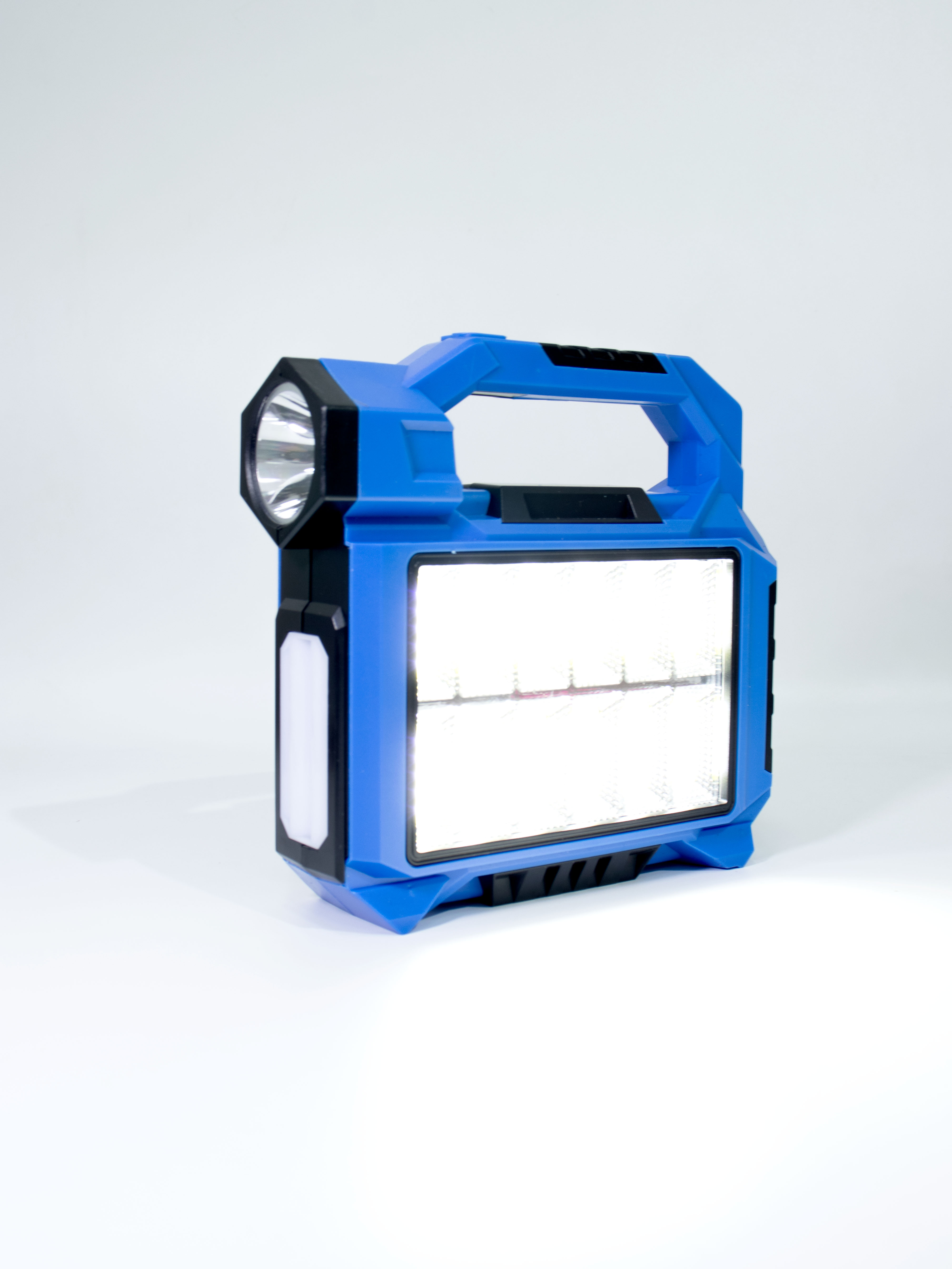 Linterna LED Recargable Multifuncional con Foco, Luz Lateral COB y Panel Solar - Azul Brillante para Camping y Emergencias