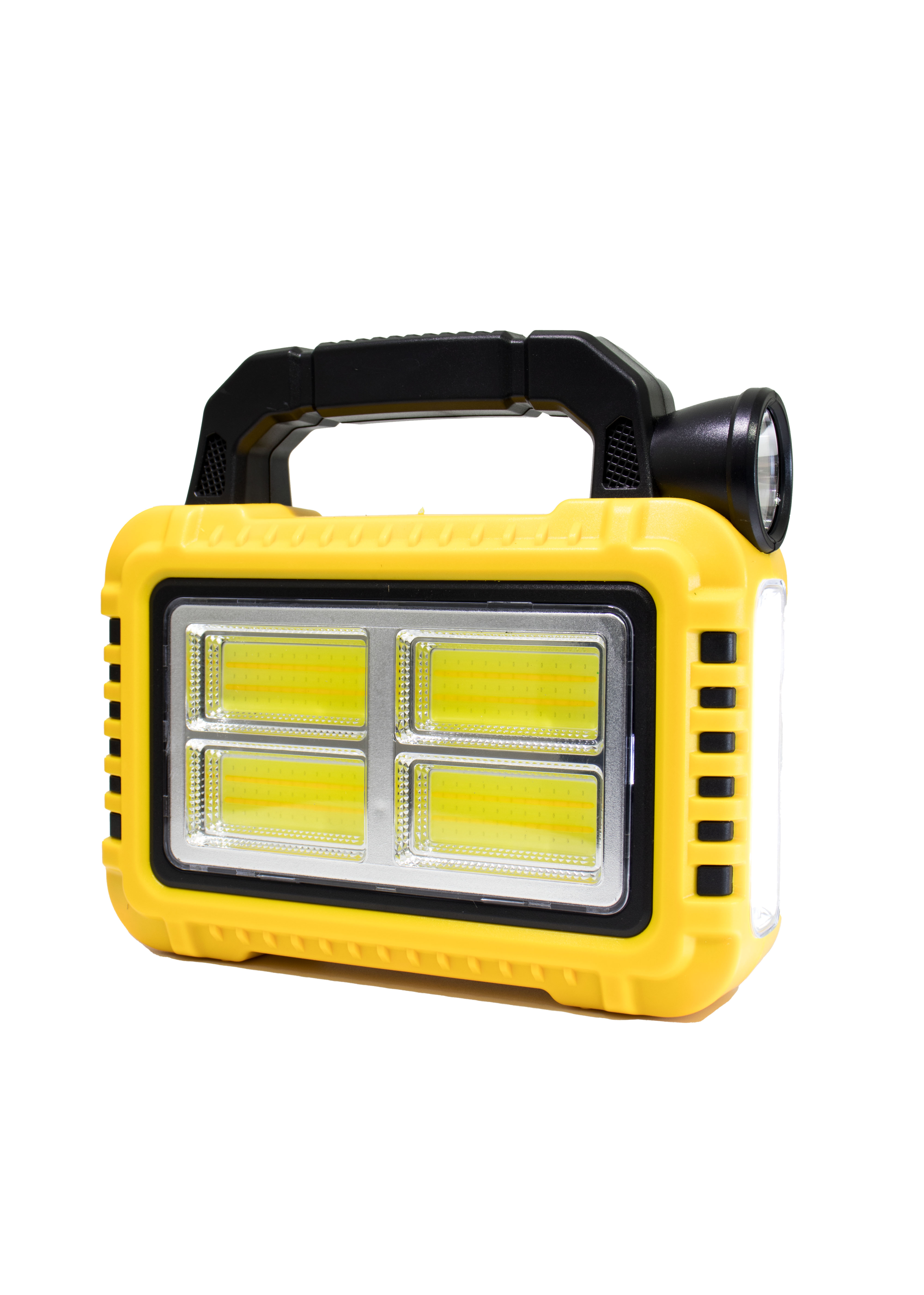 Linterna LED Recargable Multifuncional con Foco, Luz Lateral COB y Panel Solar - Amarillo Brillante para Camping y Emergencias