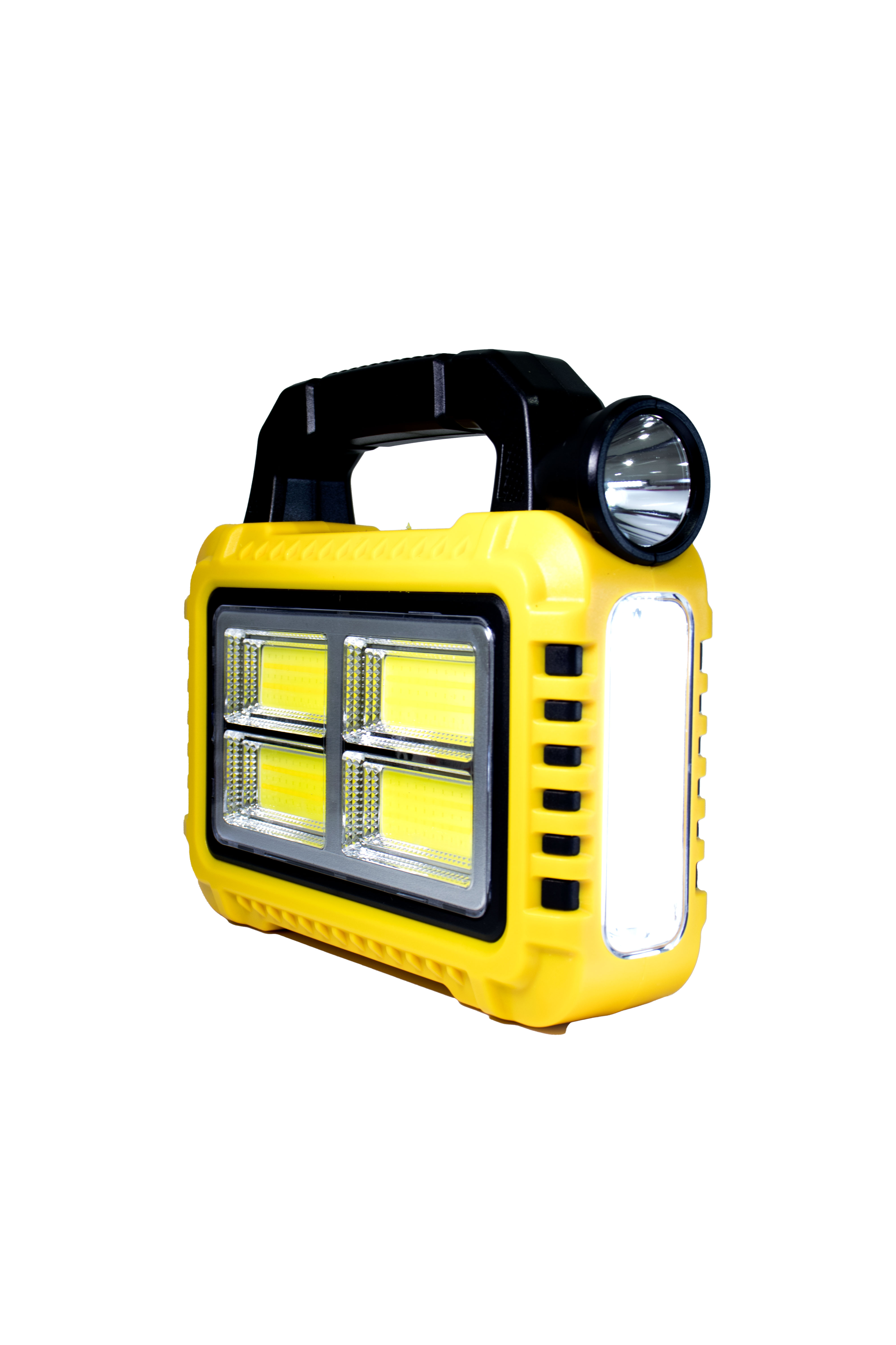 Linterna LED Recargable Multifuncional con Foco, Luz Lateral COB y Panel Solar - Amarillo Brillante para Camping y Emergencias